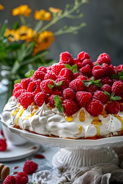 a cake with raspberries on top of it