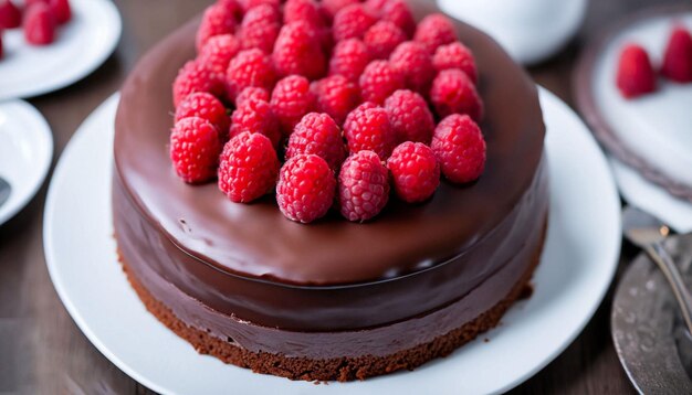 A cake with raspberries on top of it