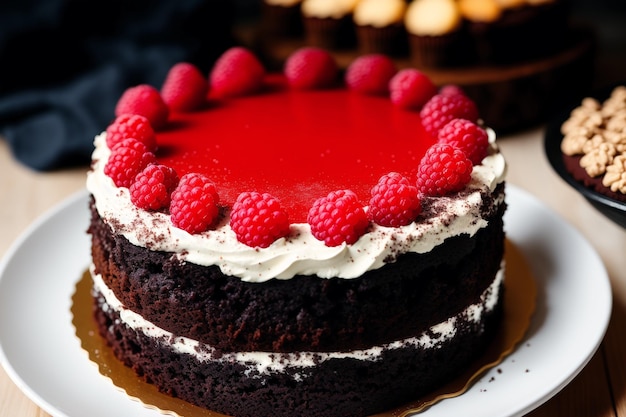 A cake with raspberries on top