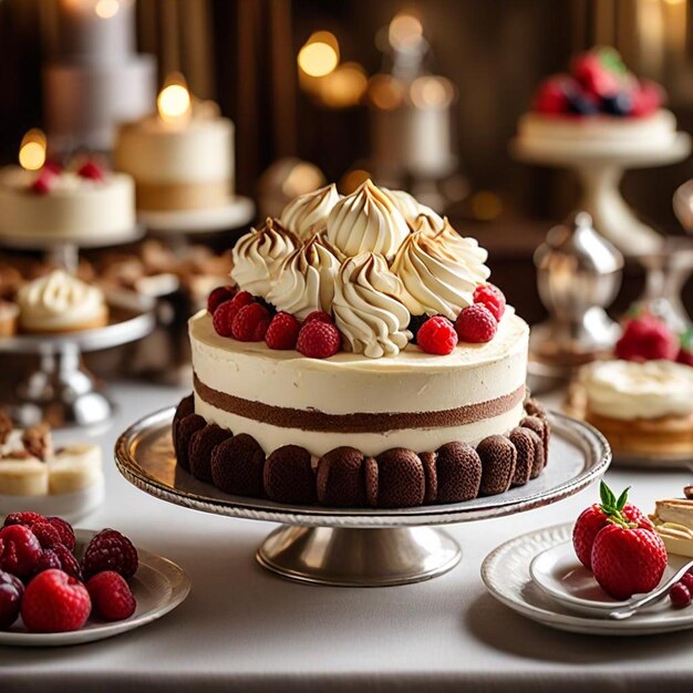 a cake with raspberry and cream on it sits on a table with other desserts