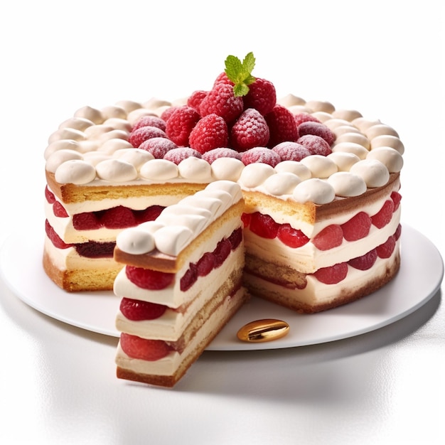 A cake with raspberry filling and a slice cut out of it.