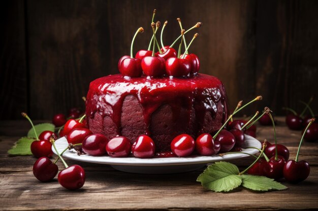 Photo a cake with red frosting and cherries on top