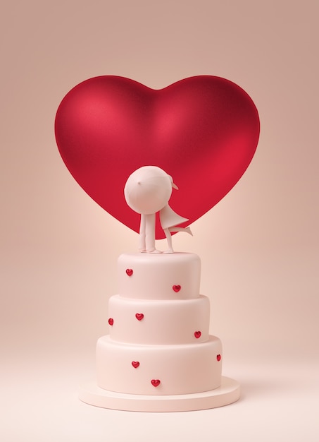 Cake with red heart and kissing couple on top