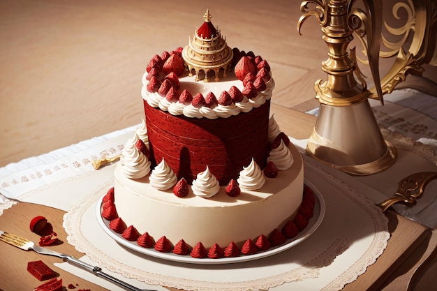 A cake with red icing and a red top sits on a table next to a gold candle holder.