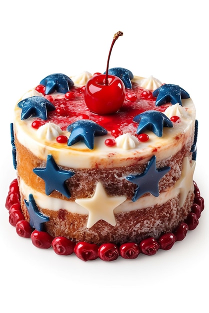 A cake with red white and blue icing and a cherry on top AI generative Lambeth style retro cake