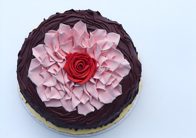 A cake with a rose on it and a pink flower on the top.