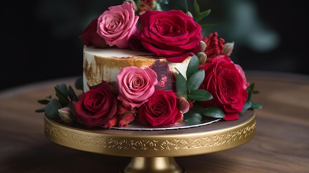 A cake with roses on it is on a gold cake stand.