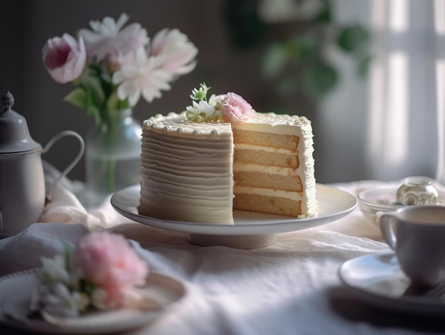 A cake with a slice cut out of it is on a table with a vase of flowers in the background.