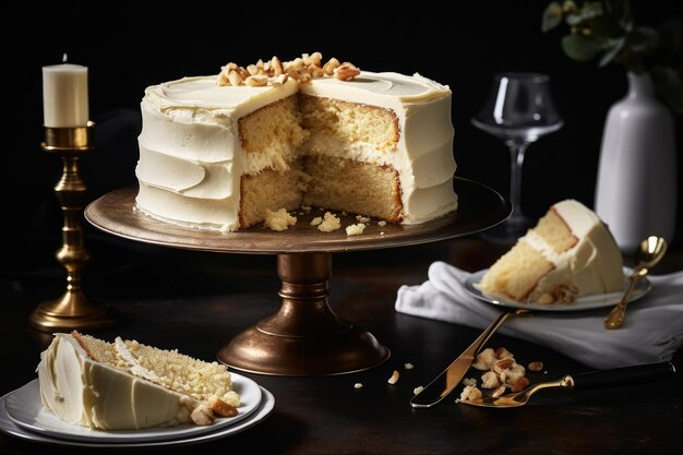 A cake with a slice cut out of it and a plate of walnuts on the table.