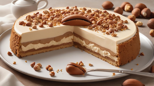 Photo a cake with a slice missing sits on a plate with nuts and nuts