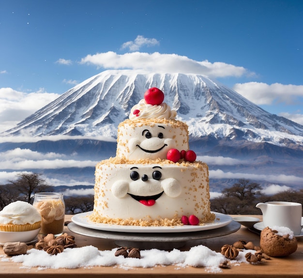 Cake with smiley face on the background of Mount Fuji