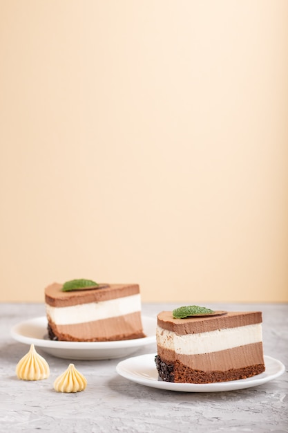 Cake with souffle milk chocolate cream on a gray and light brown background. side view.