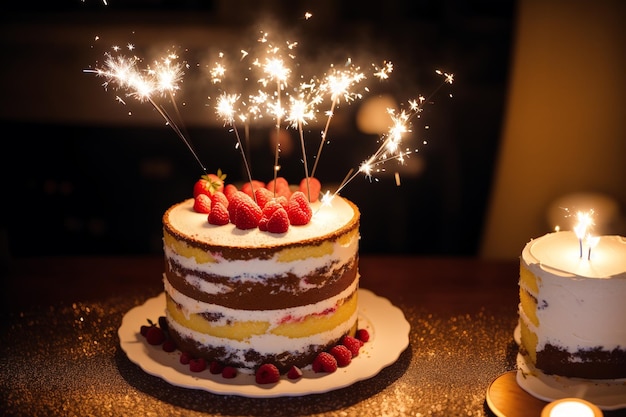 A cake with a sparkler on top is on a table with a lit candle.