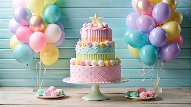 a cake with a star on the top and balloons on the bottom