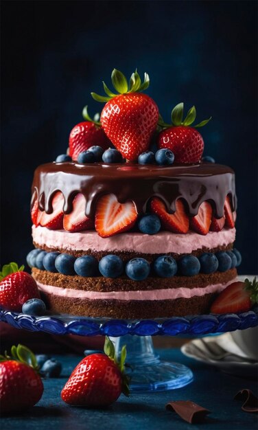 a cake with strawberries and blueberries on it