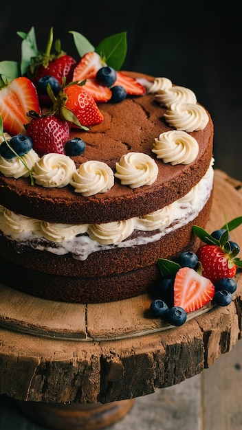 A cake with strawberries and blueberries on top