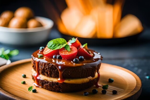 a cake with strawberries and chocolate on a plate