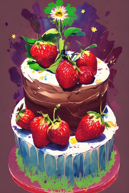 Cake with strawberries color illustration Generative AI