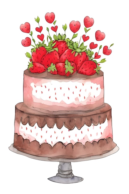 Cake with strawberries color illustration Generative AI