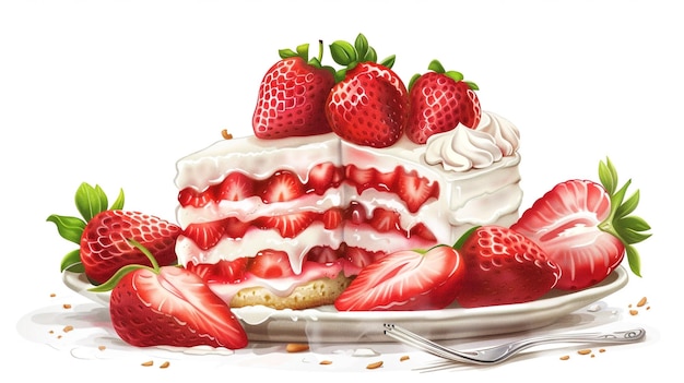 a cake with strawberries and cream on it is shown with a spoon