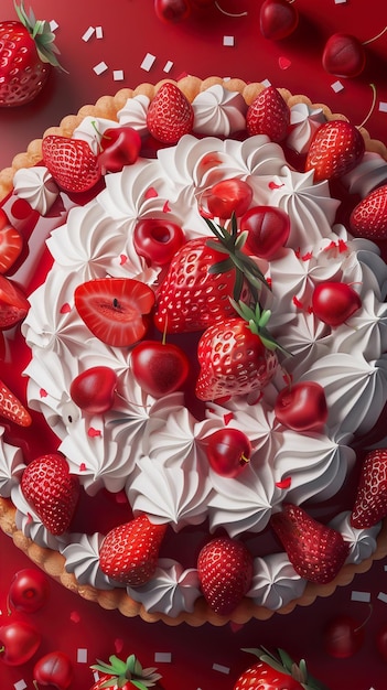 Photo a cake with strawberries and cream and strawberries on it