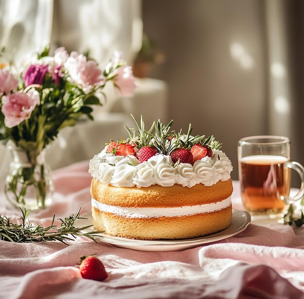 Photo a cake with strawberries and a glass of beer on a table