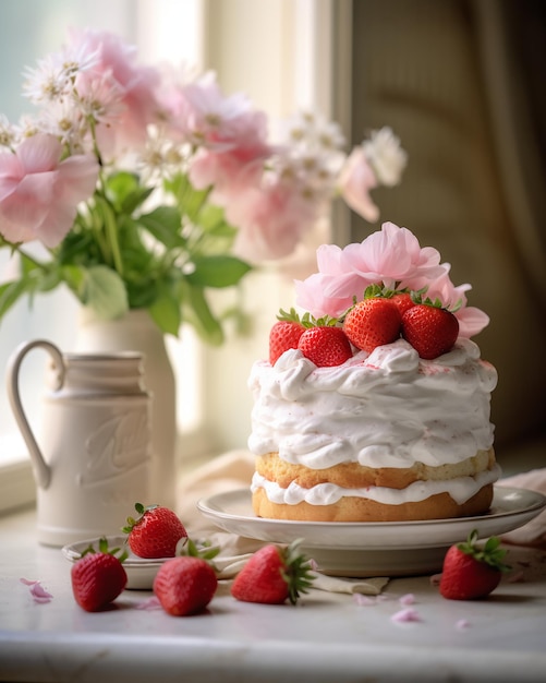 A cake with strawberries on it and a vase of flowers in the background.