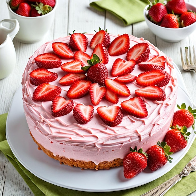 a cake with strawberries on a plate with a cup of tea