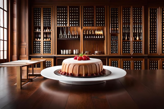 A cake with strawberries on top of it sits on a plate in front of a wine cellar.