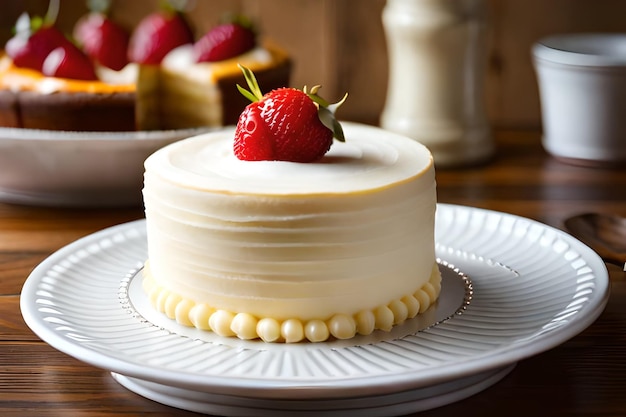 A cake with strawberries on top sits on a plate.