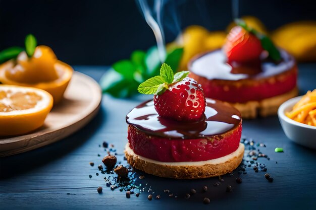 a cake with a strawberry on it sits on a table with a plate of food and a cake with a cup of coffee