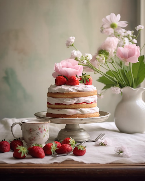 A cake with a strawberry on top sits on a table next to a vase of flowers.