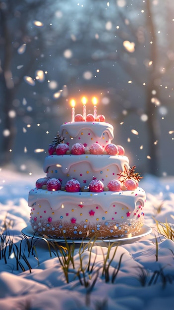 A cake with three candles on a christmas tree in the snow