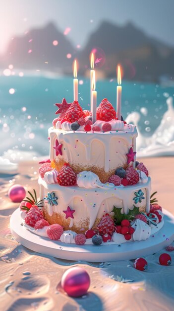 Photo a cake with two candles on it is placed on a beach