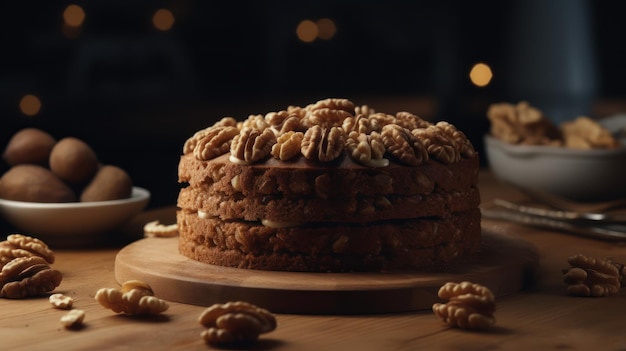 A cake with walnuts on it and a cup of coffee on the table