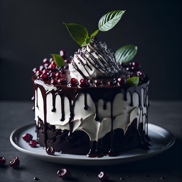 A cake with white and black icing and cranberries on top.