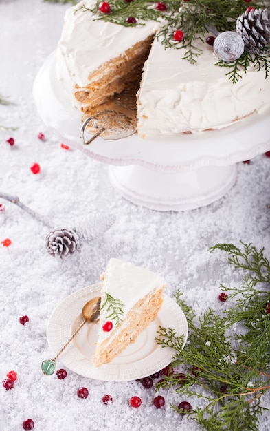 Cake with white cream Christmas and New year