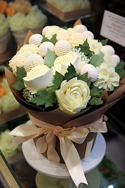 A cake with white flowers and a brown bow