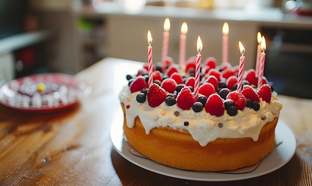 a cake with white frosting and berries