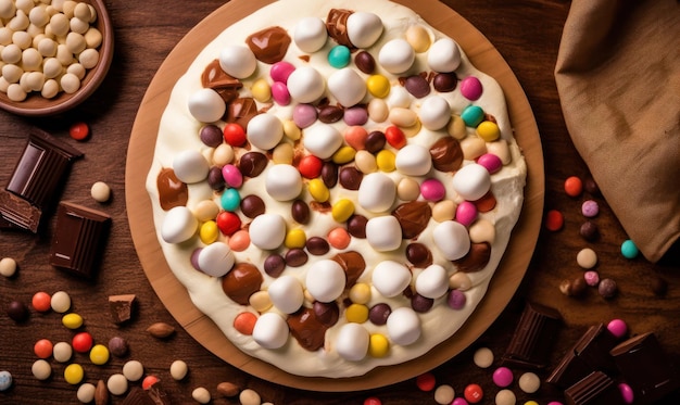 A cake with white frosting and colorful candies on it