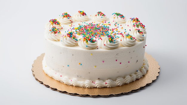 A cake with white frosting and rainbow sprinkles on it