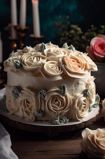 A cake with white frosting and roses on it