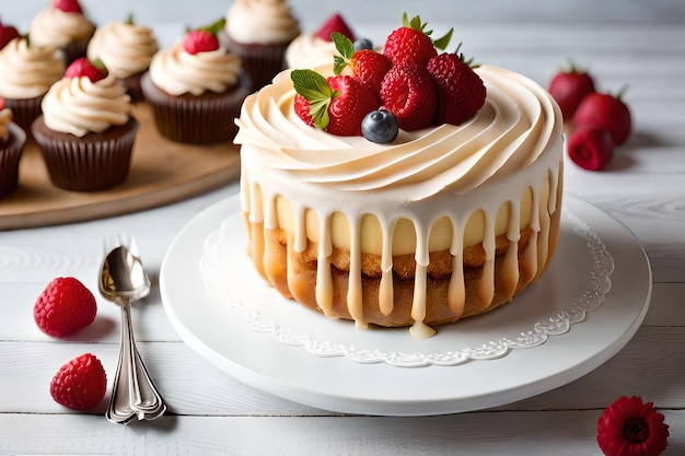 A cake with a white frosting and a strawberry on top.