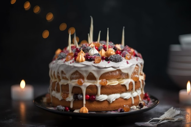 A cake with white icing and berries on it