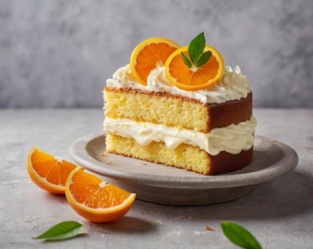 Photo a cake with white icing and orange slices on a plate