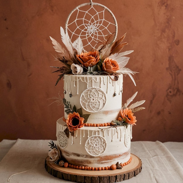 Photo a cake with a white and orange frosting and a white decoration with a spider web on the top