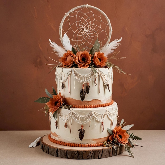 Photo a cake with a white and orange frosting and a white decoration with a spider web on the top