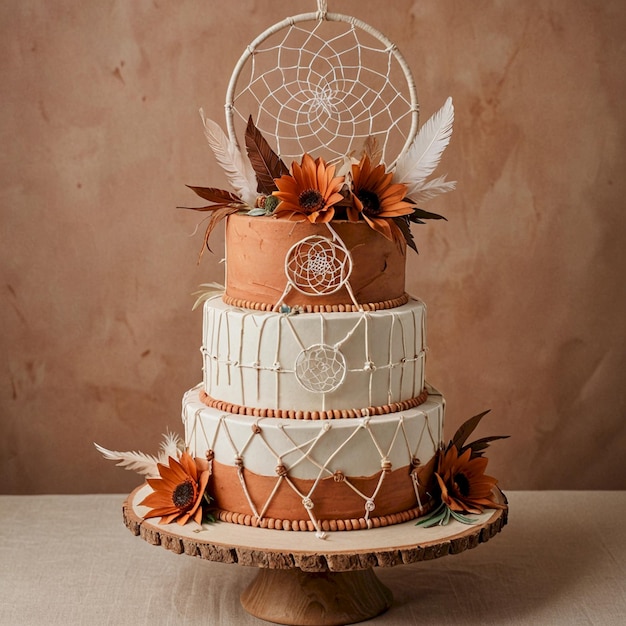 Photo a cake with a white and orange frosting and a white decoration with a spider web on the top