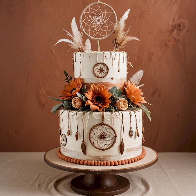 a cake with a white and orange frosting and a white decoration with a spider web on the top