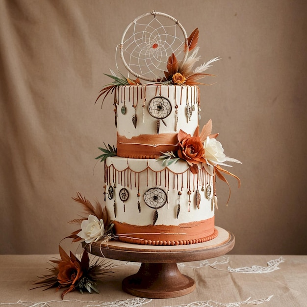 Photo a cake with a white and orange frosting and a white decoration with a spider web on the top